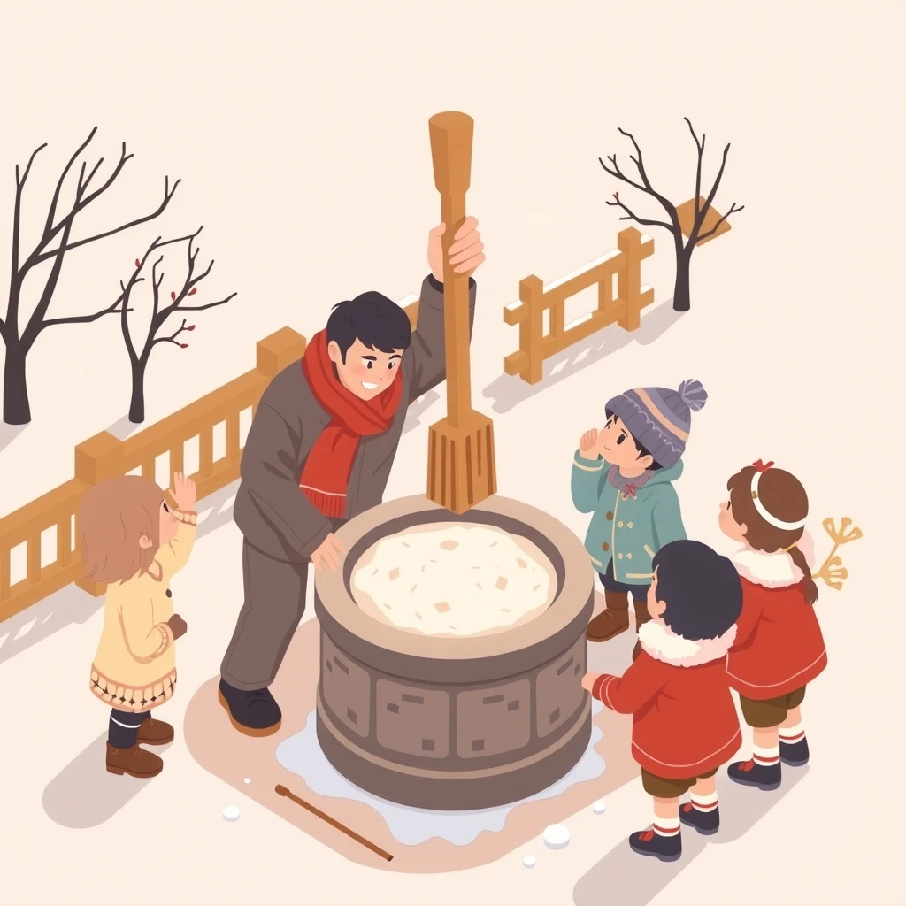 お正月の餅つきをする人と見守る子どもたちのアイソメトリックイラスト