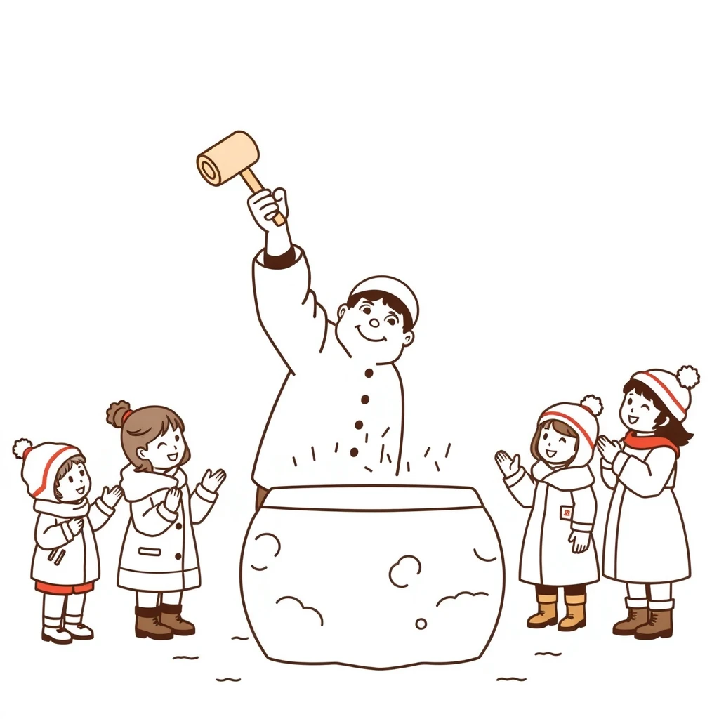 お正月の餅つきをする人と見守る子どもたちのシンプルな線画イラスト