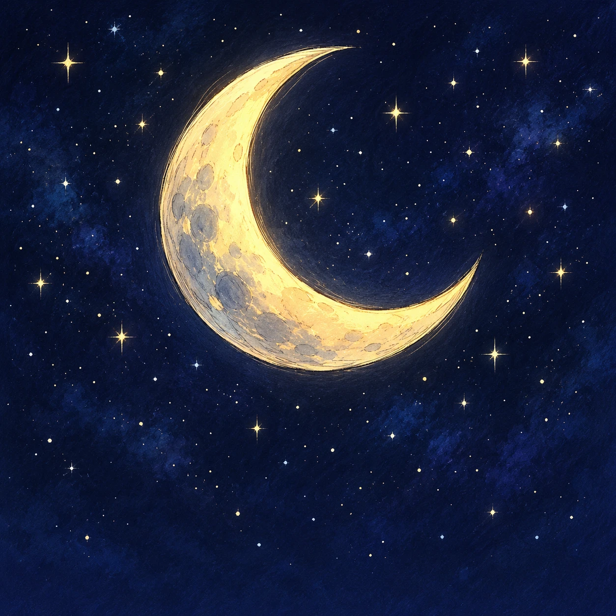 Profile picture of a crescent moon in a night sky (hand-drawn)