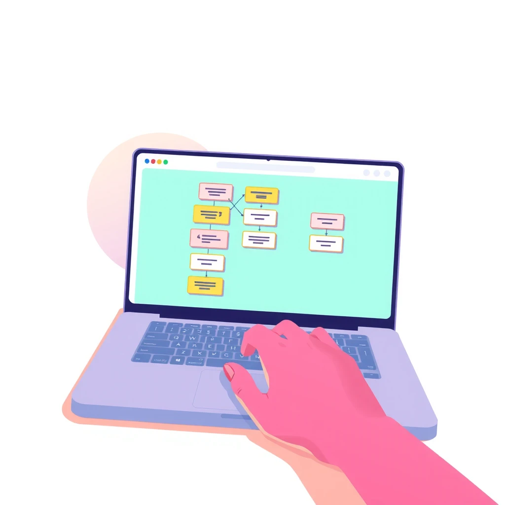ノーコードツールでアプリを作る人のパステル調のイラスト