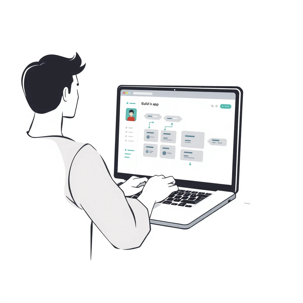 Flat illustration of a person building an app with no-code tools