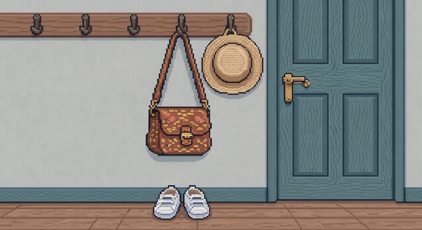 保育園の玄関の通園バッグと上履きのイラスト（ドット絵）
