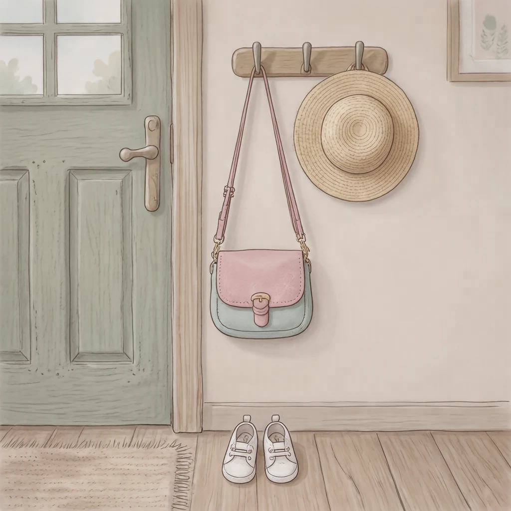 保育園の玄関の通園バッグと上履きのイラスト（ソフトパステル）
