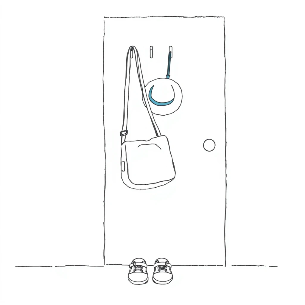 保育園の玄関の通園バッグと上履きの手描き風イラスト