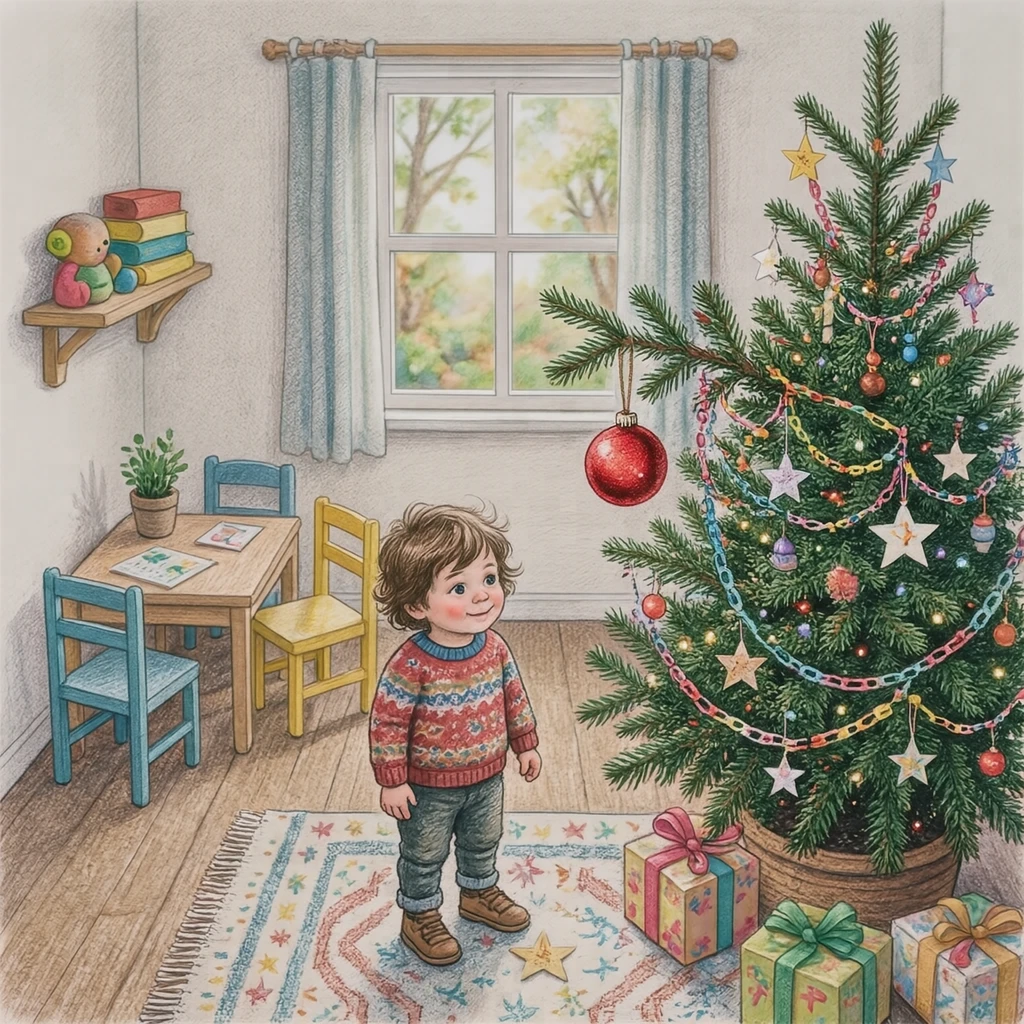 在幼儿园圣诞联欢会上装饰圣诞树的幼儿插画（彩铅）