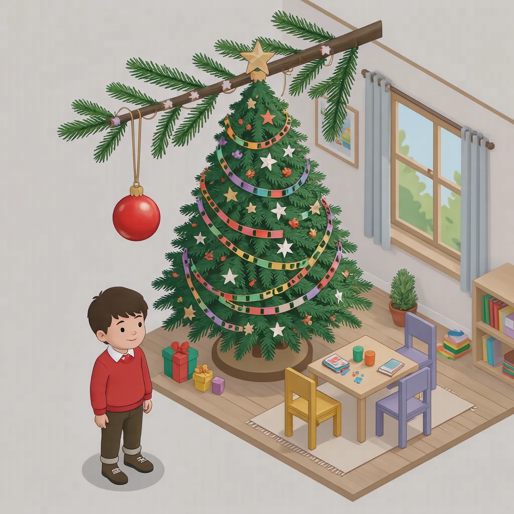 在幼儿园圣诞联欢会上装饰圣诞树的幼儿插画（等距视角）
