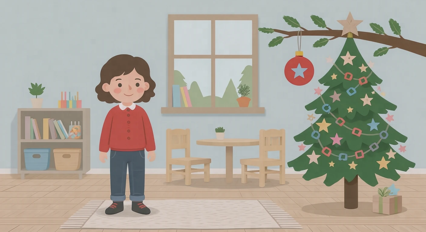 在幼儿园圣诞联欢会上装饰圣诞树的幼儿插画（扁平插画）