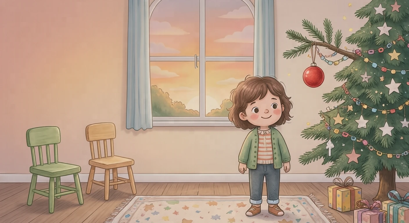 在幼儿园圣诞联欢会上装饰圣诞树的幼儿插画（柔和粉彩）
