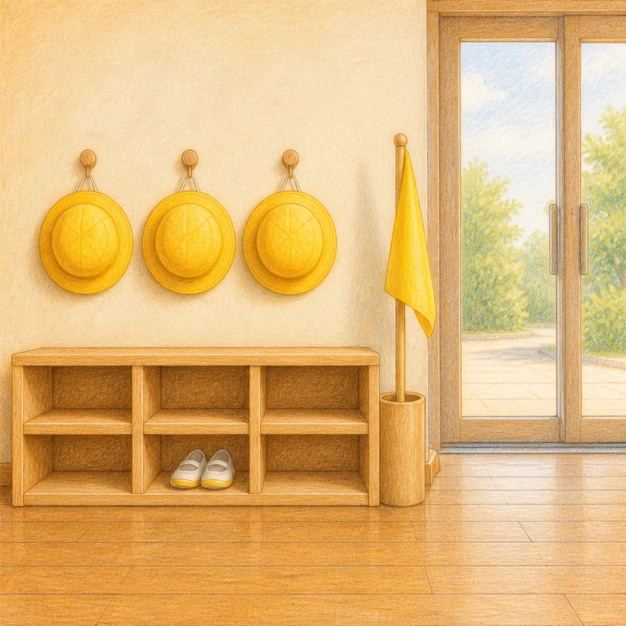 Flat illustration of nursery hats, a shoe locker and a traffic flag at a nursery entrance