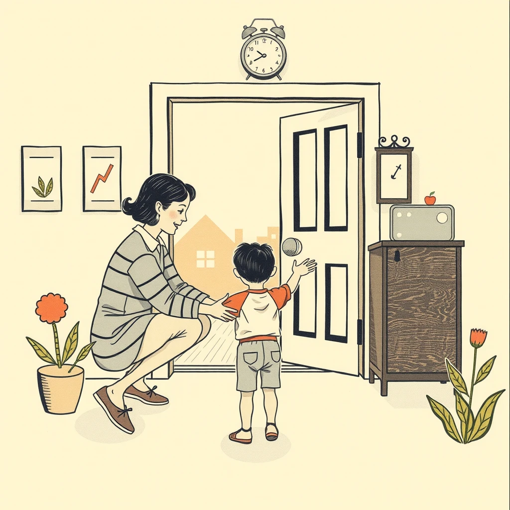 保育園のお迎えで子どもを抱き上げる保護者のイラスト