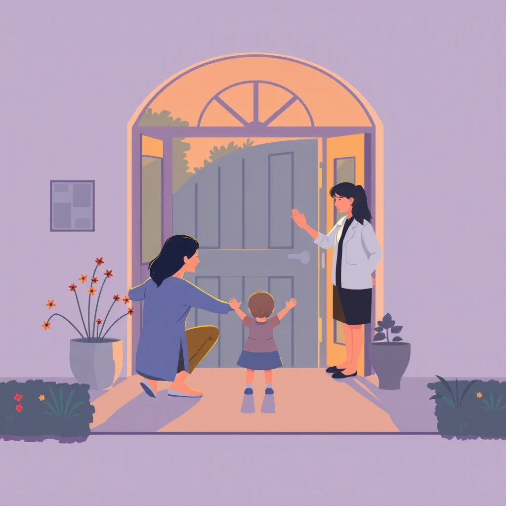 保育園のお迎えで子どもを抱き上げる保護者のイラスト