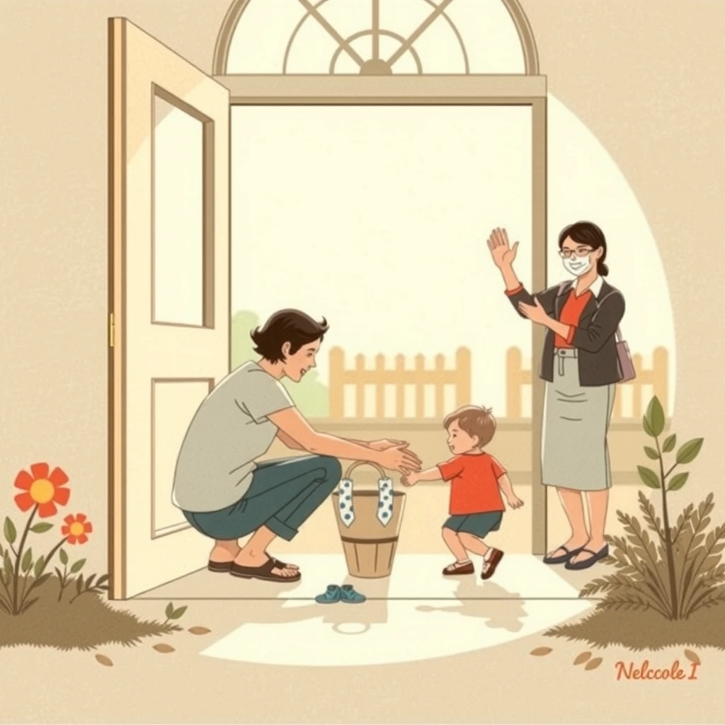 保育園のお迎えで子どもを抱き上げる保護者のイラスト