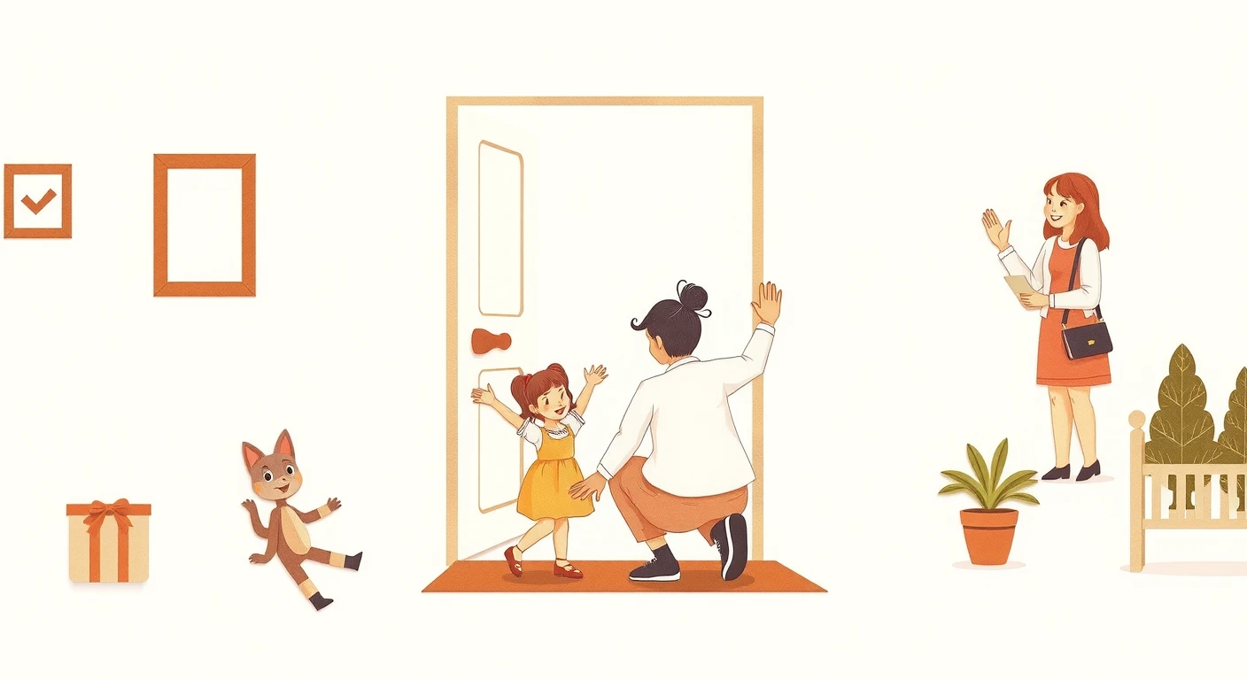 保育園のお迎えで子どもを抱き上げる保護者のイラスト
