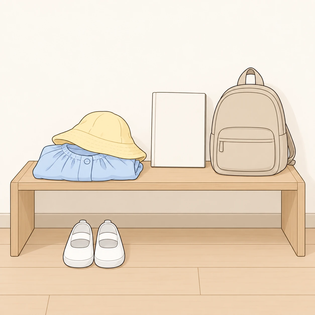 保育園のスモックと上履き・通園帽のイラスト（シンプル線画）