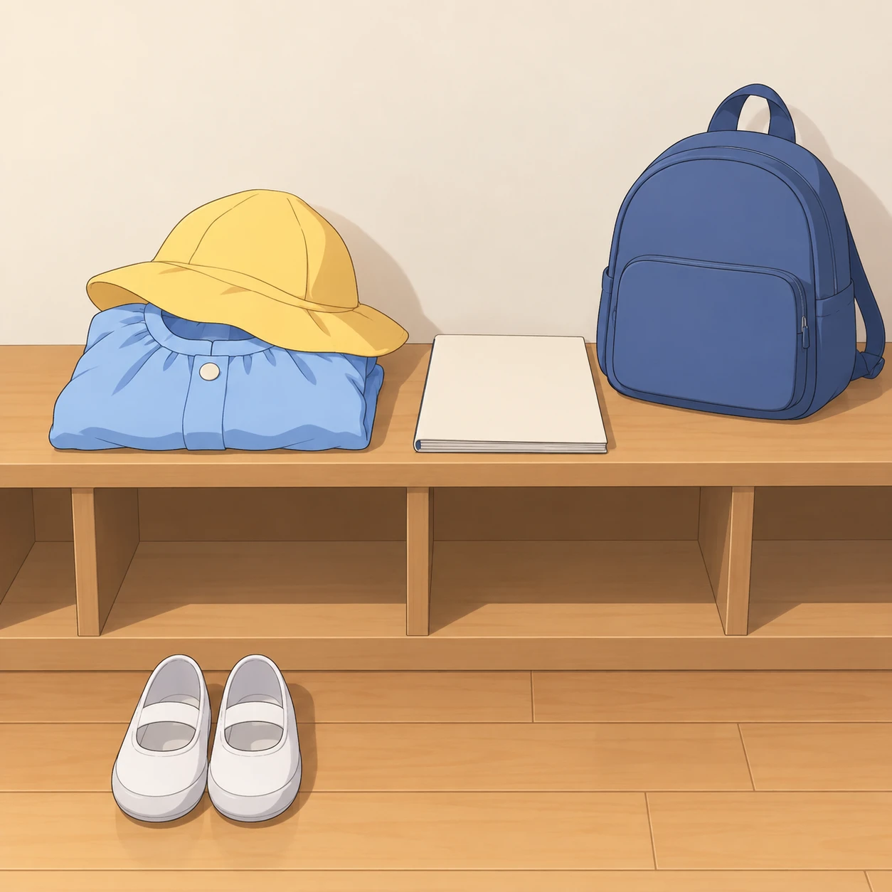 保育園のスモックと上履き・通園帽のイラスト（アニメ塗り）