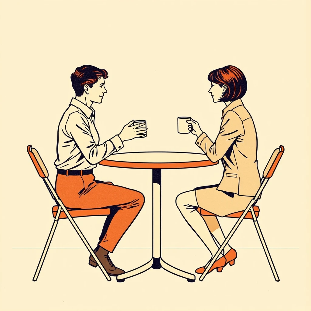 休憩スペースでコーヒーを飲む2人の同僚のレトロ印刷風イラスト
