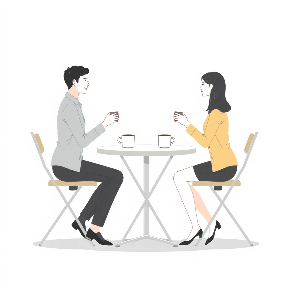 休憩スペースでコーヒーを飲む2人の同僚のフラットイラスト