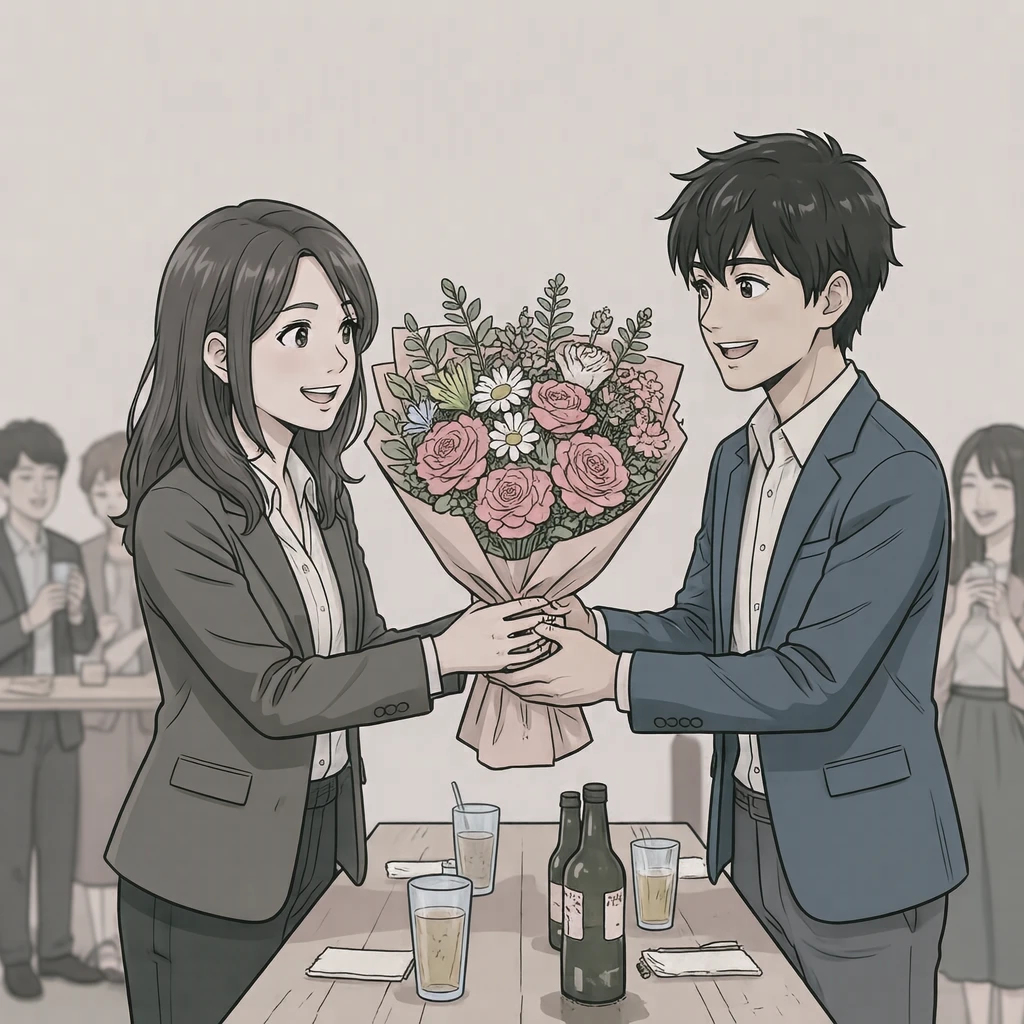 職場の送別会で花束を渡して同僚を見送る人たちのイラスト（アニメ塗り）