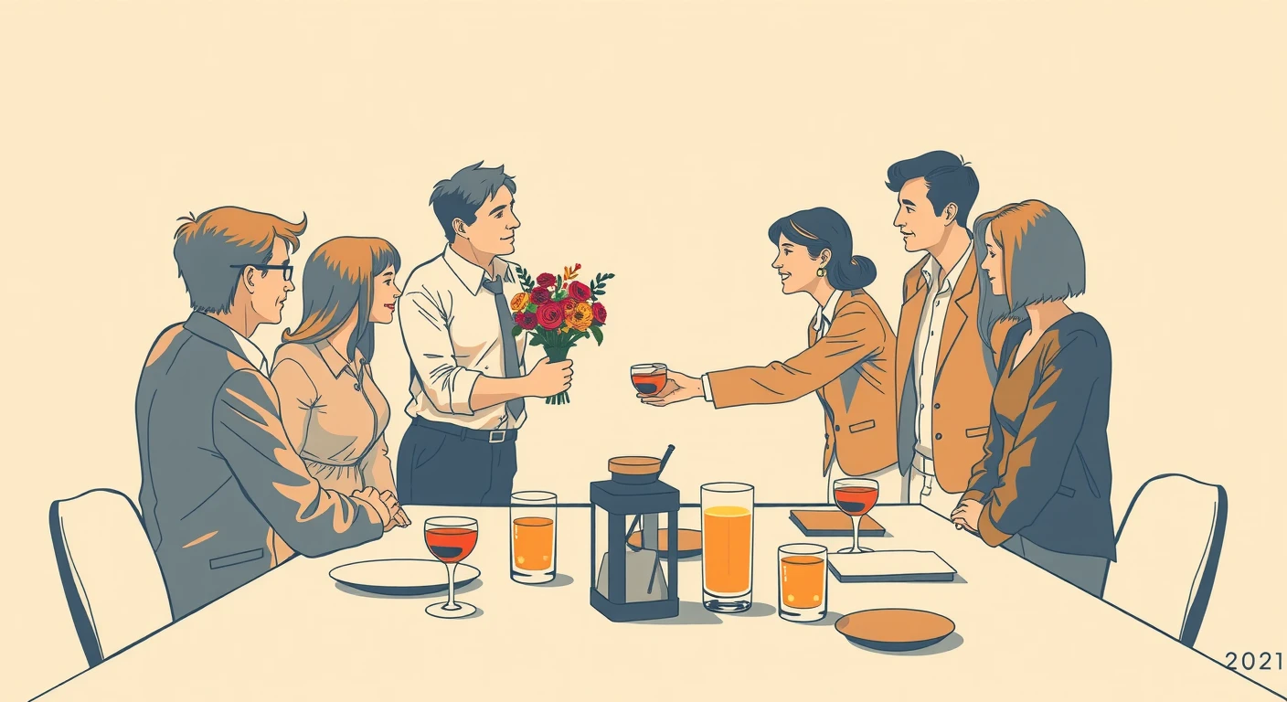職場の送別会で花束を渡して同僚を見送る人たちのレトロ印刷風イラスト