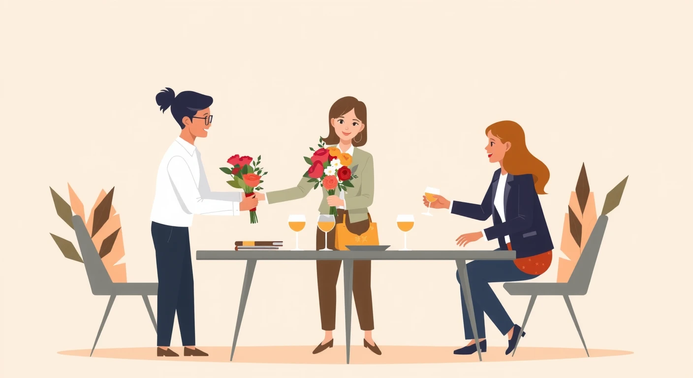職場の送別会で花束を渡して同僚を見送る人たちのフラットイラスト