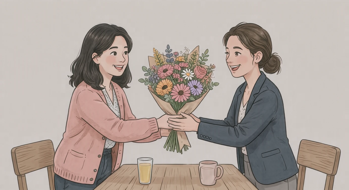 職場の送別会で花束を渡して同僚を見送る人たちのイラスト（ソフトパステル）