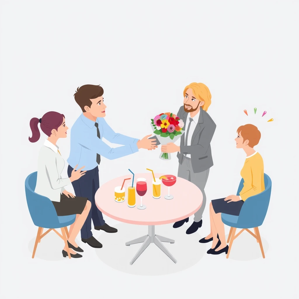 職場の送別会で花束を渡して同僚を見送る人たちのアイソメトリックイラスト