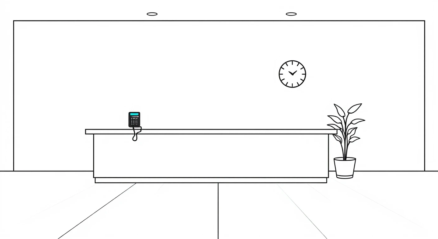 オフィスロビーの受付カウンターとソファのイラスト（シンプル線画）