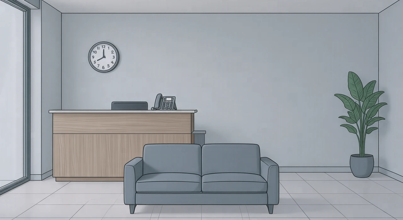 オフィスロビーの受付カウンターとソファのイラスト（シンプル線画）