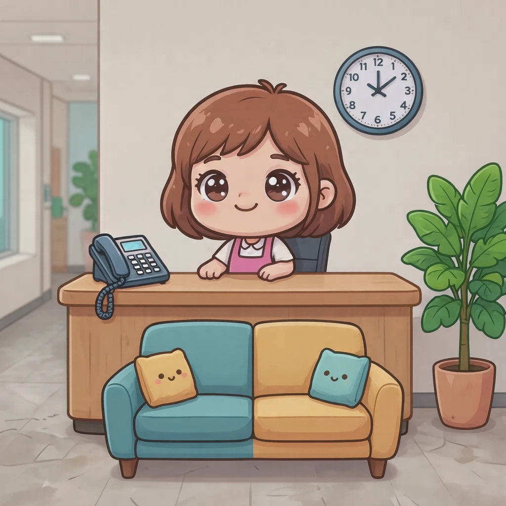 オフィスロビーの受付カウンターとソファのイラスト（デフォルメ）