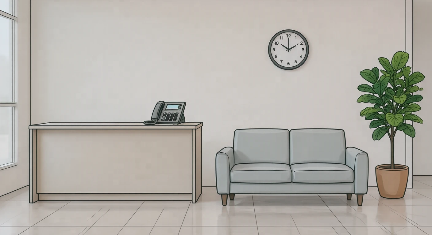 オフィスロビーの受付カウンターとソファのイラスト（シンプル線画）
