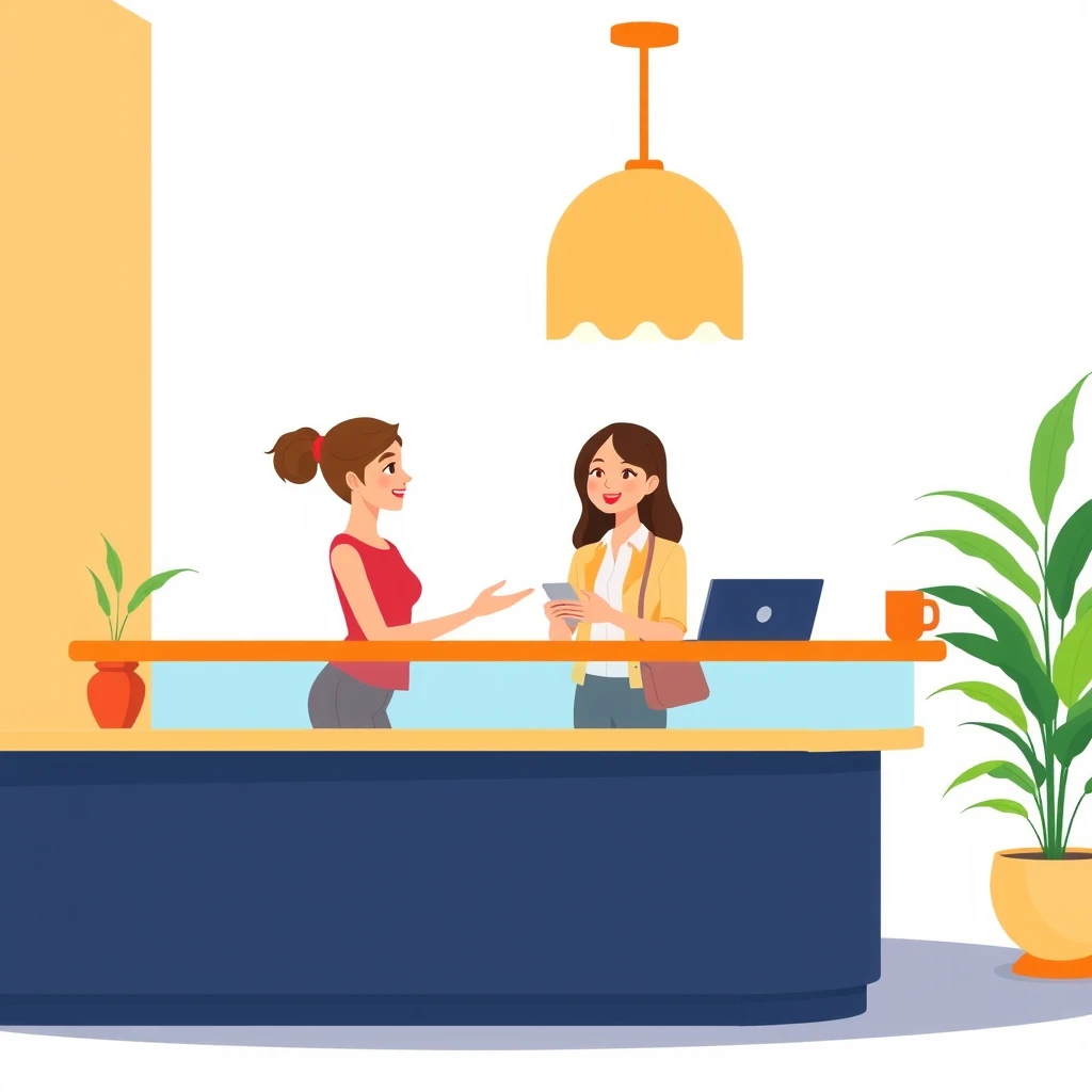 Flat illustration of a receptionist greeting a visitor at an office reception desk