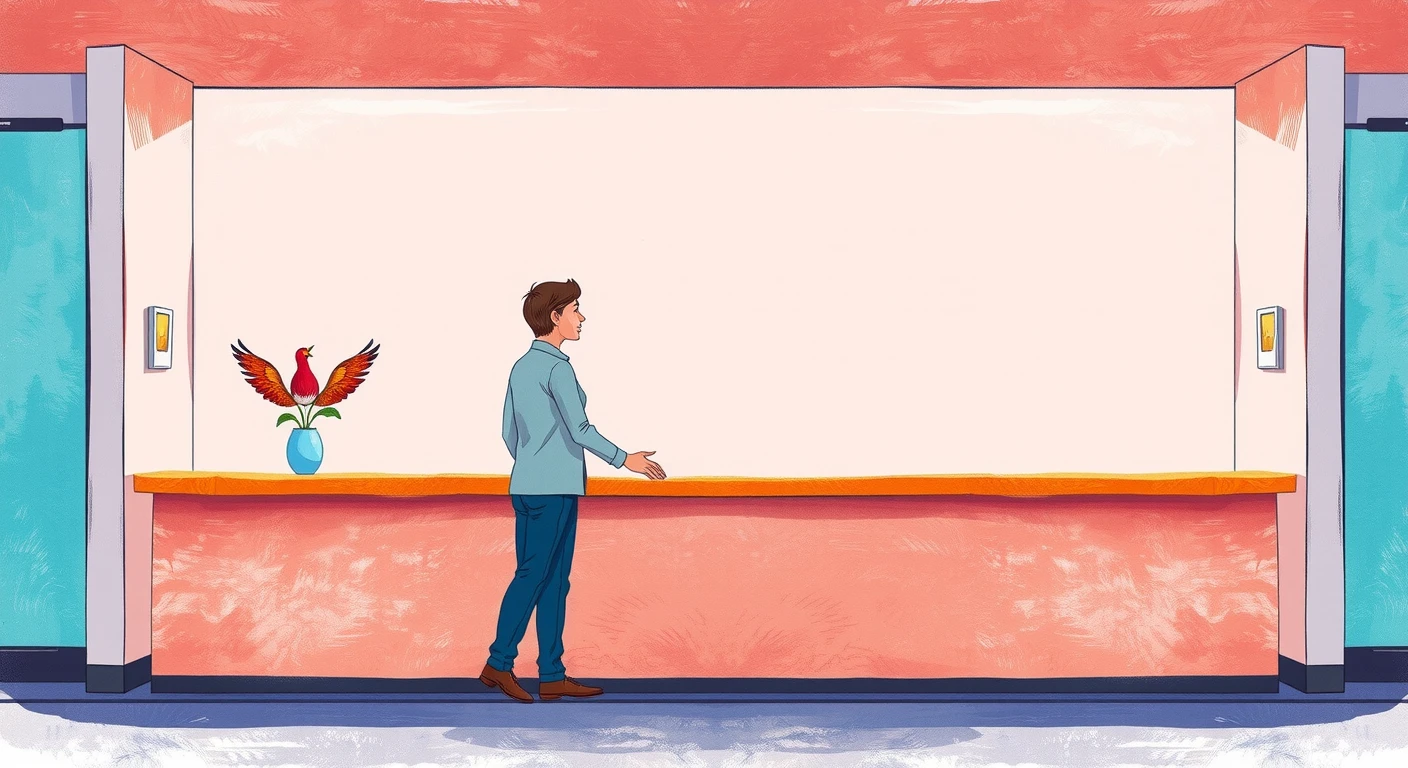 オフィスの受付で来客を迎える受付係の色鉛筆風イラスト