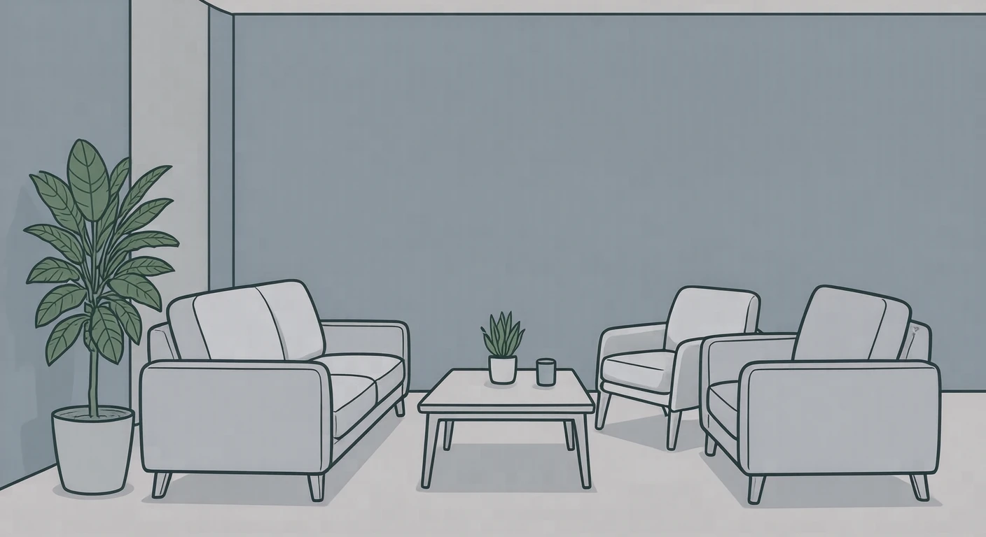 応接室のソファとローテーブルのイラスト（シンプル線画）
