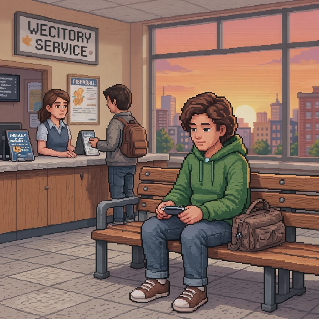Illustration of one visitor in everyday clothes sitting on a waiting bench with both hands in the lap, at a city hall service counter, on a weekday morning (pixel art)