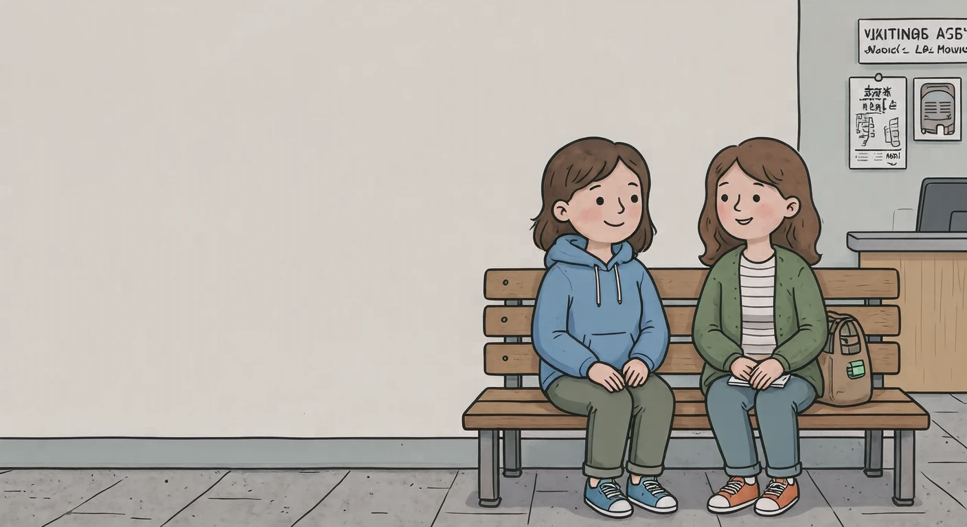Illustration of one visitor in everyday clothes sitting on a waiting bench with both hands in the lap, at a city hall service counter, on a weekday morning (loose cartoon)