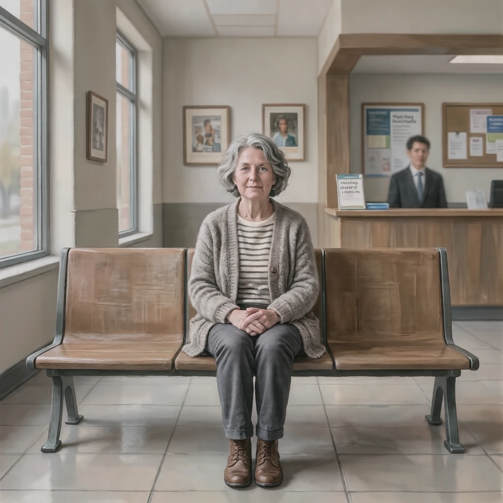 Illustration of one visitor in everyday clothes sitting on a waiting bench with both hands in the lap, at a city hall service counter, on a weekday morning (gouache)