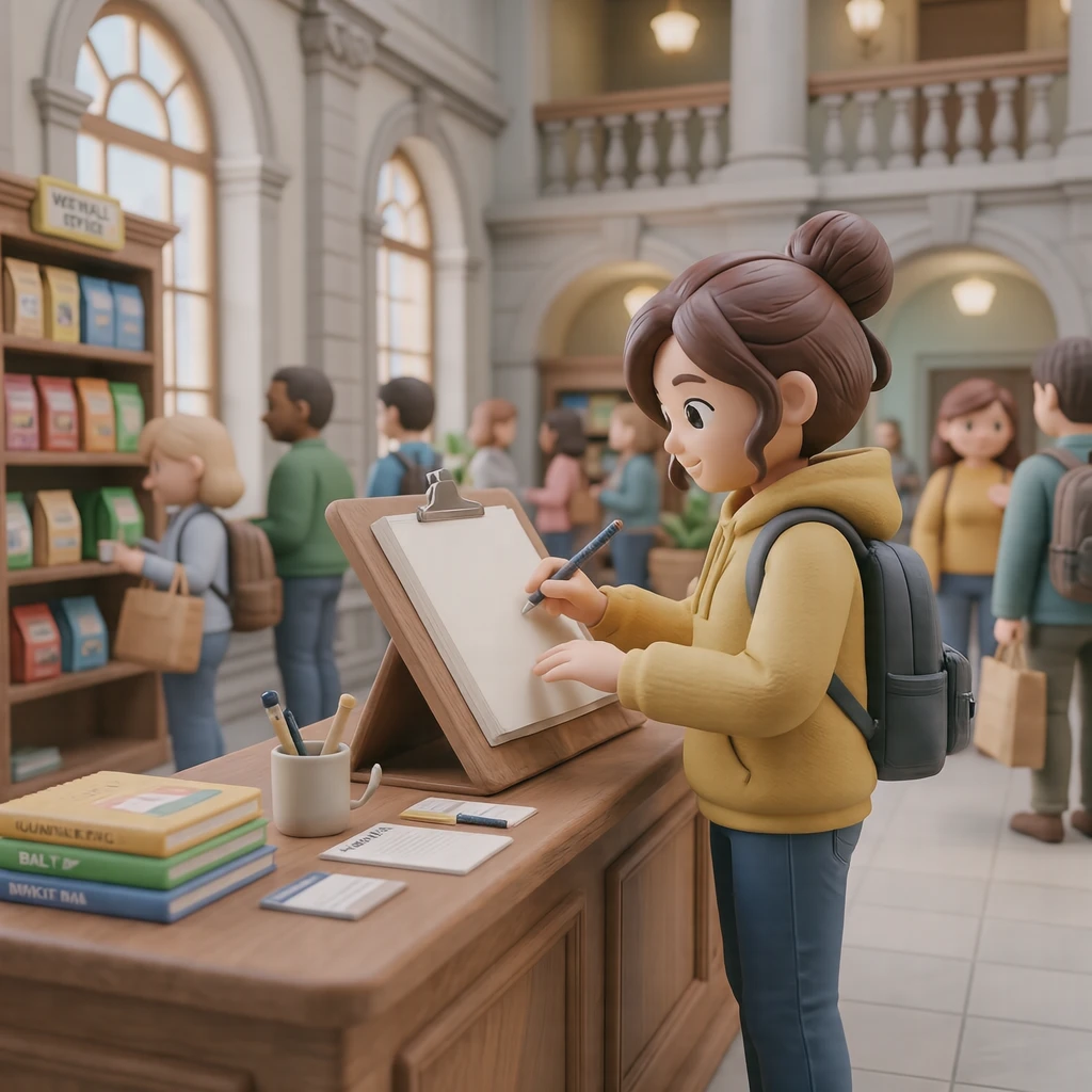 市役所の記入台で書類を書く来庁者のイラスト（ソフト3D）