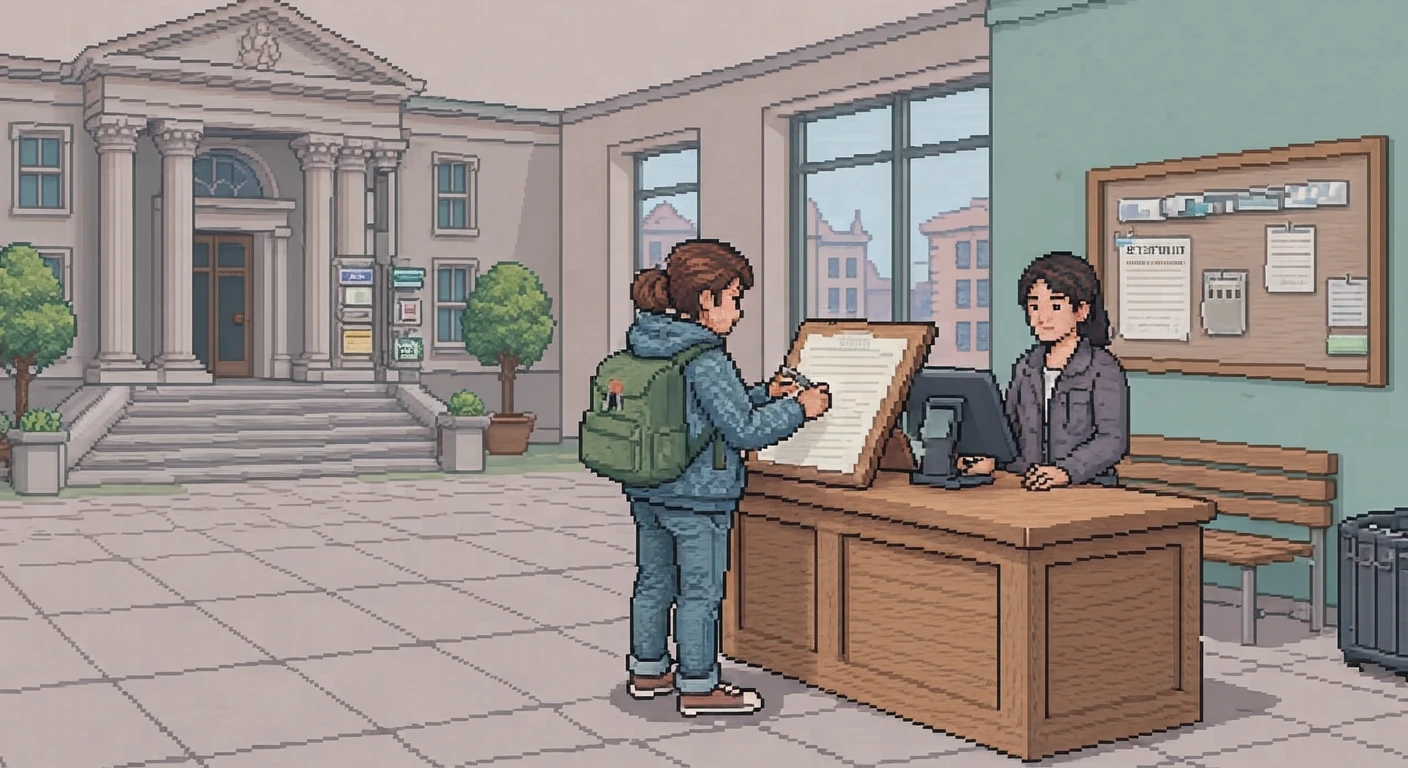 市役所の記入台で書類を書く来庁者のイラスト（ドット絵）