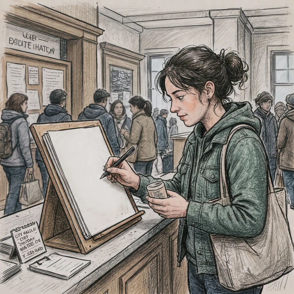 市役所で記入台で書類を書く来庁者のイラスト（手描き風）