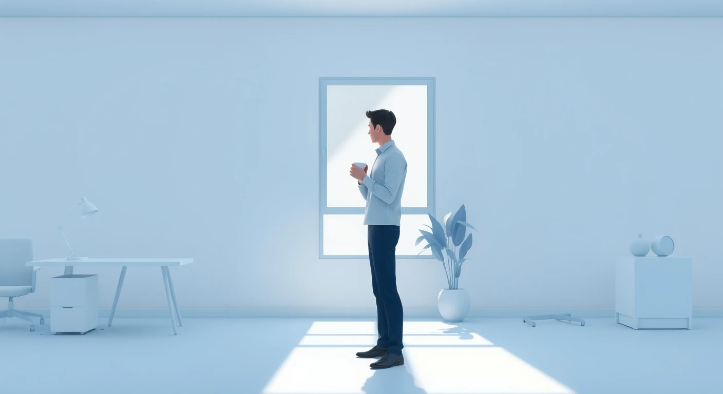 デスクワークのオフィスでマグカップを持って休む会社員のイラスト(ソフト3D)