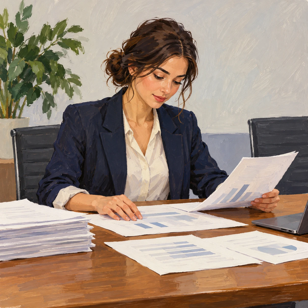 Illustration of one office worker sitting at a desk and reading through a stack of printed documents, in a meeting room, on an ordinary working day (gouache)