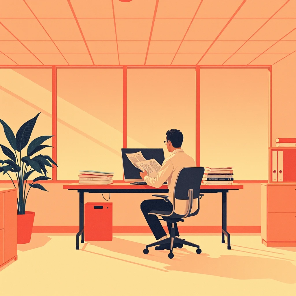 デスクワークのオフィスで書類に目を通す会社員のイラスト(レトロ印刷)