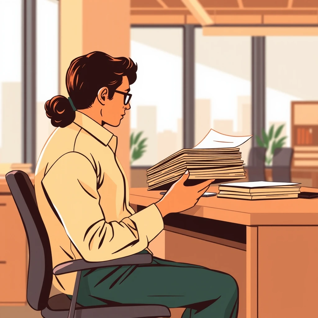 デスクワークのオフィスで書類に目を通す会社員のイラスト(グラフィックポスター)
