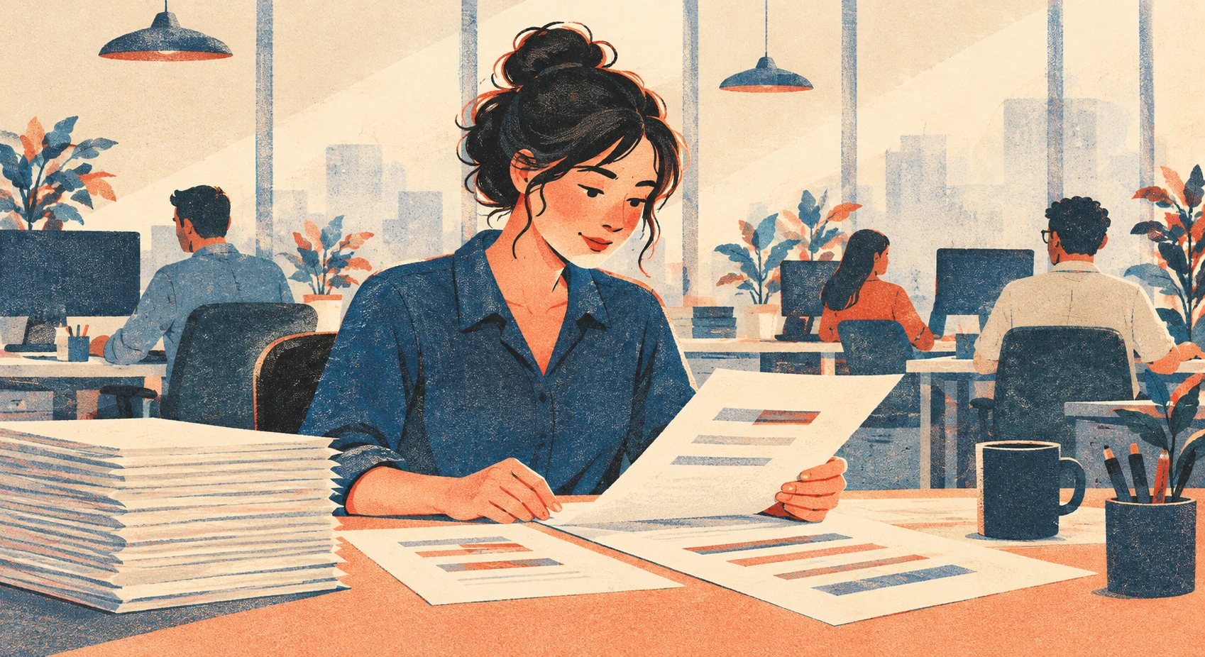 Illustration of one office worker sitting at a desk and reading through a stack of printed documents, in an open-plan office, in soft morning light (retro print)