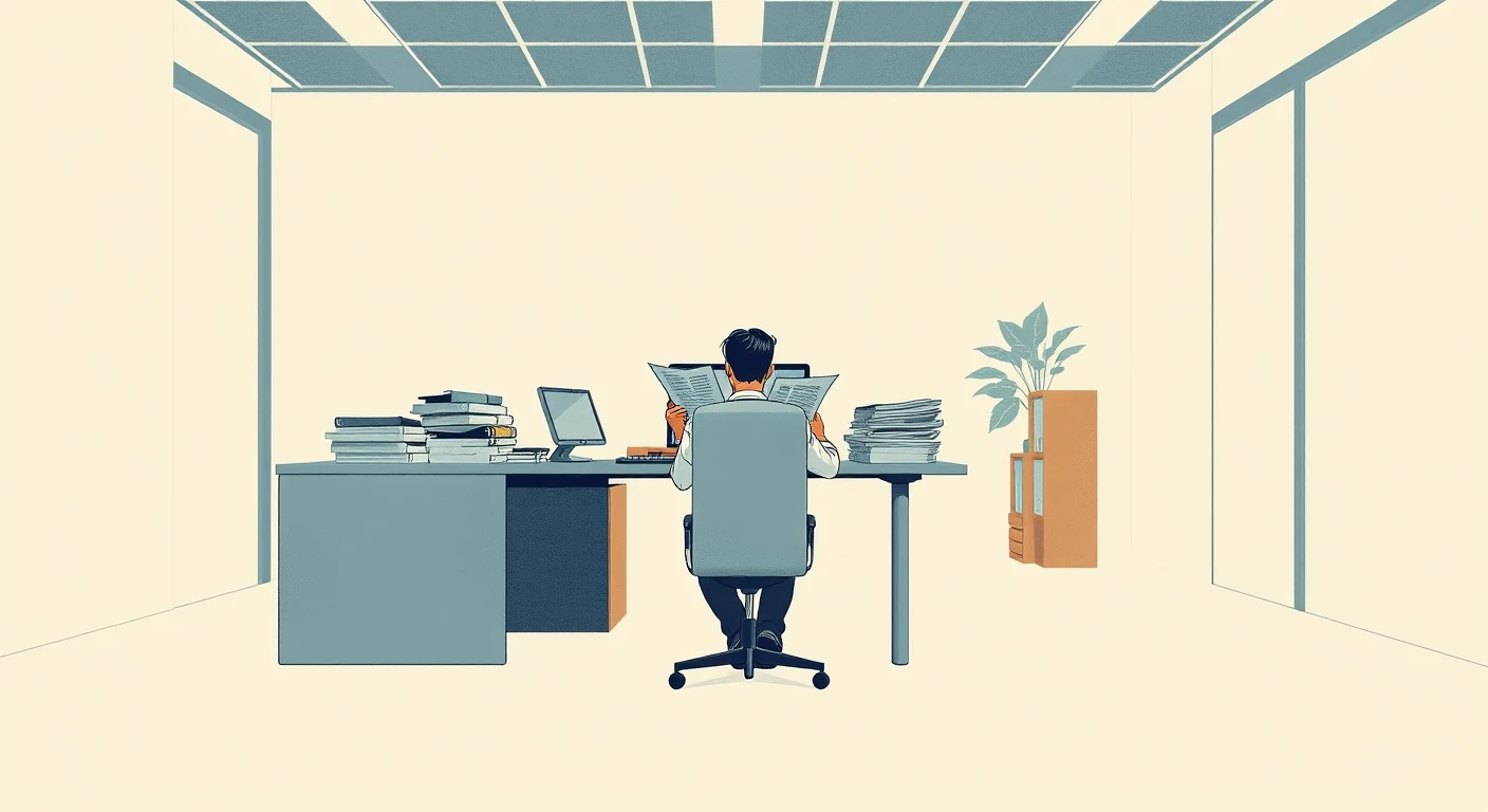 デスクワークのオフィスで書類に目を通す会社員のイラスト(レトロ印刷)