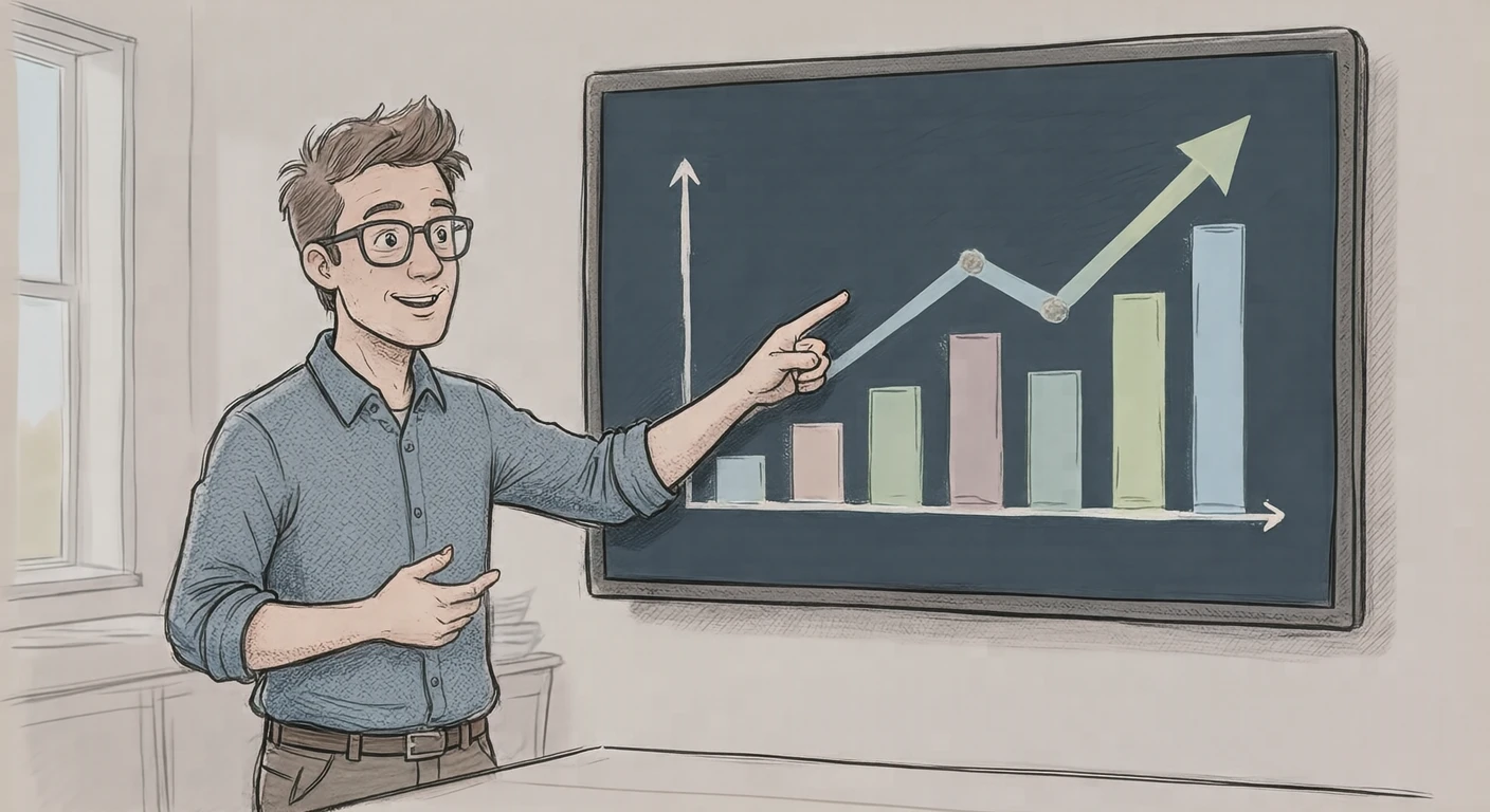 Illustration of an office worker pointing at a rising graph on a monitor in a meeting room (hand-drawn)