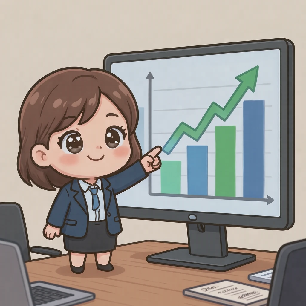 Illustration of an office worker pointing at a rising graph on a monitor in a meeting room (chibi)