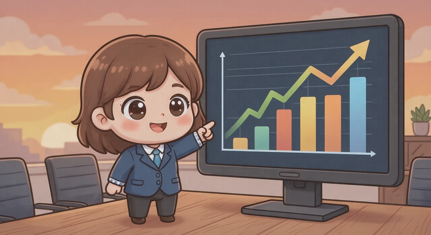 회의실에서 모니터의 우상향 그래프를 가리키며 설명하는 회사원 일러스트 (SD 캐릭터)
