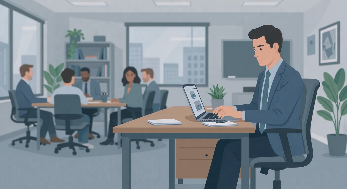 Illustration of one office worker sitting at a desk and typing on a laptop, in a meeting room, on an ordinary working day (flat illustration)