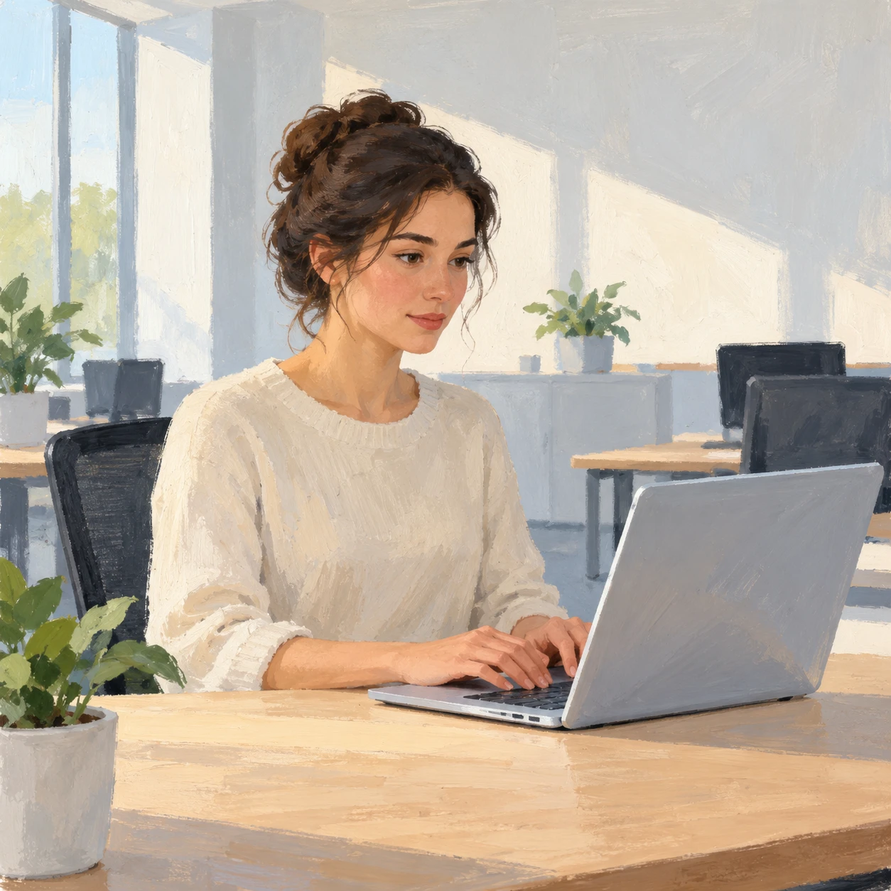 Illustration of one office worker sitting at a desk and typing on a laptop, in an open-plan office, in soft morning light (gouache)